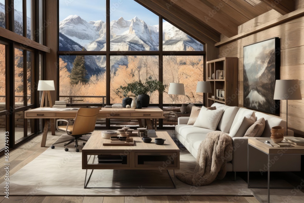 modern chalet home study with light natural materials with modern art on the walls