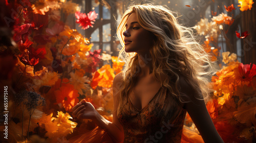 Beautiful blonde haired woman with colourful flowers and flowing hair.