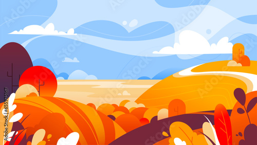 Countryside landscape with bushes and meadows. Landscape, nature, autumn concept. Flat vector illustration. For leaflets, brochures, wallpapers, posters or banners.