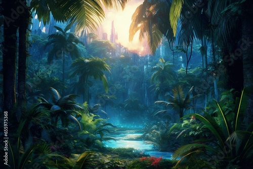 Artistic depiction of a lush tropical forest with palm trees, featuring a white and blue color scheme. Generative AI