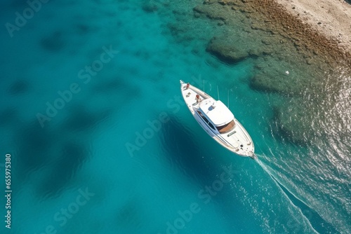 overhead perspective boat Mediterranean shoreline. Generative AI © Lucien
