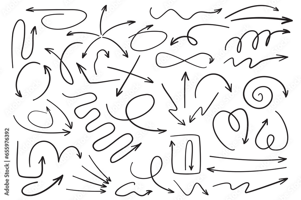 Naklejka premium Doodle arrows mega set in flat cartoon design. Bundle elements of ink line pointers with different directions, swirl, repeat, down, right, up and other. Vector illustration isolated graphic objects