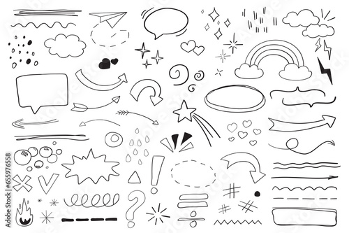 Doodle objects mega set in flat cartoon design. Bundle of ink lines, paper airplane, speech bubble, sparkle, clouds, rainbow, heart, star, curl and other. Vector illustration isolated graphic symbols