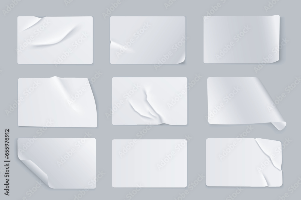 Crumpled sticker mega set in 3d realistic design. Bundle elements of white glued paper or plastic label mockup with empty text spaces and wrinkled effect. Vector illustration isolated graphic objects