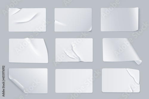 Crumpled sticker mega set in 3d realistic design. Bundle elements of white glued paper or plastic label mockup with empty text spaces and wrinkled effect. Vector illustration isolated graphic objects