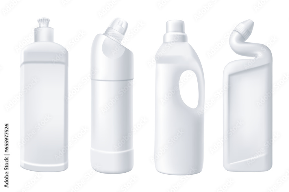 Softener in bottles mega set in 3d realistic design. Bundle elements of different types of white plastic bottles with liquid household chemical for fabric. Vector illustration isolated graphic objects Softener in bottles mega set in 3d realistic design. Bundle elements of different types of white plastic bottles with liquid household chemical for fabric. Vector illustration isolated graphic objects