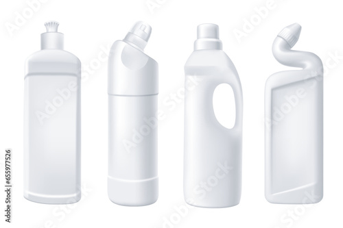Softener in bottles mega set in 3d realistic design. Bundle elements of different types of white plastic bottles with liquid household chemical for fabric. Vector illustration isolated graphic objects
