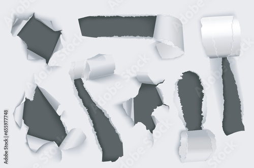 Torn paper holes mega set in 3d realistic design. Bundle elements of different types of ragged white pages and holes with bursting curled ripped edges. Vector illustration isolated graphic objects