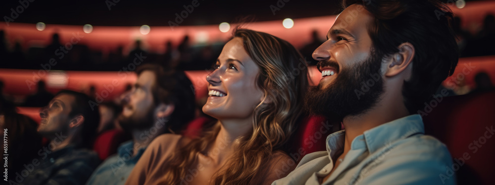 Happy couple sitting in a movie theater and watching a movie. - obrazy, fototapety, plakaty 