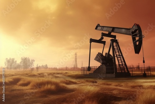 Scenic working pumpjack with sun on the landscape. Generative AI