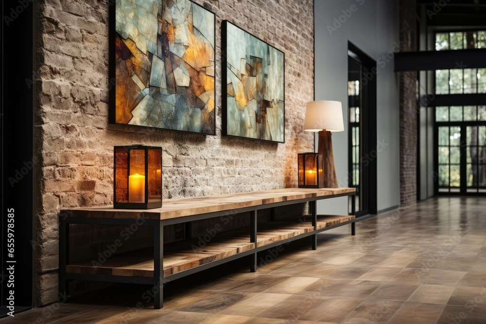modern industrial hallway with light natural materials with modern art on the walls
