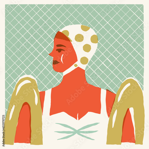 Retro swimmer in the pool, a synchronized swimmer in the water. Vector vintage mid-century art print, 1950s poster.
