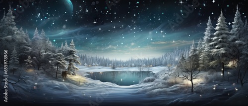 A snow-covered landscape bathed in light: a serene and majestic illustration of winter wonderland © hassan