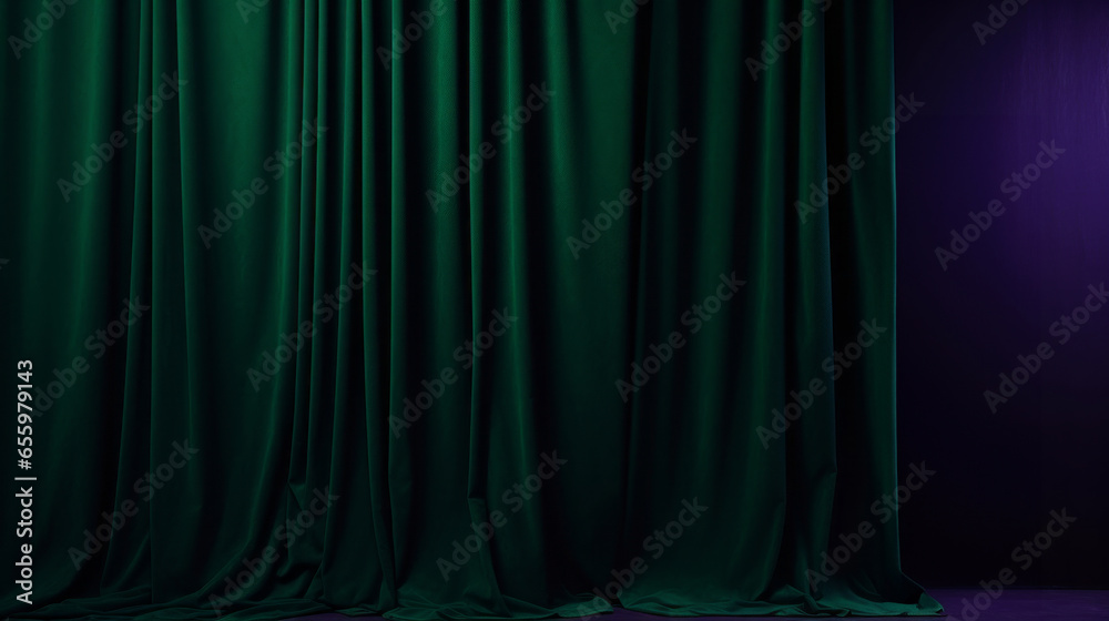 Green curtains. Curtains Backdrop Drapes Fabric Decoration at stage for show. Curtains background.  