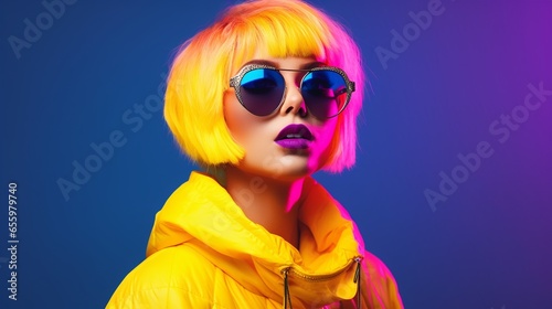 Fashion young girl with short elf high colored hair and stylish sunglasses in red and blue neon light in the studio, concept of modern trendy hair style, hipster attitude, woman power, with copy space © JW Studio