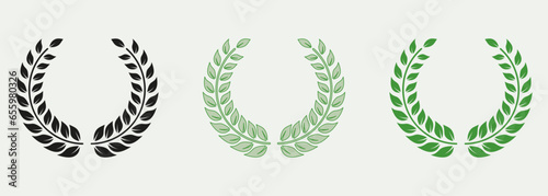 Circle Greek Olive Branch  Green Leaf Symbol Collection. Laurel Wreath Color Icon Set. Foliate Vintage Round Victory Emblem. Winner Award Pictogram. Isolated Vector Illustration