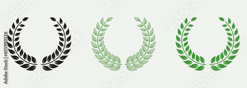 Circle Greek Olive Branch, Green Leaf Symbol Collection. Laurel Wreath Color Icon Set. Foliate Vintage Round Victory Emblem. Winner Award Pictogram. Isolated Vector Illustration