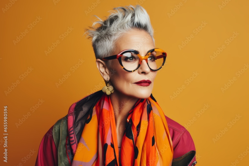 Fashionable senior woman in glasses and scarf on yellow background.