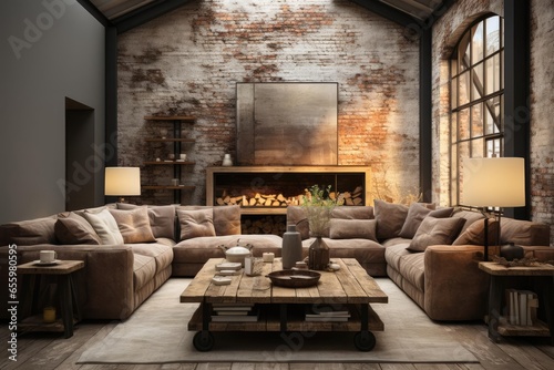 modern industrial living room with light natural materials with modern art on the walls