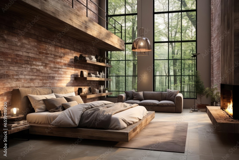 Fototapeta premium modern industrial master bedroom with light natural materials with modern art on the walls