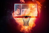 Fiery flaming burning ball in a basketball hoop, three-point shot and winning the game
