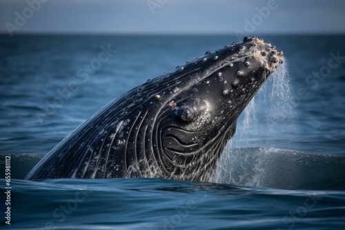 a humpback whale swims in the ocean surrounded by abundant fish. Generative AI © Esme