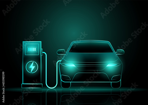 Modern Futuristic Electric Car or EV car Charging at a Charging Station. Neon Glowing Electric Car on Dark Background. Futuristic Electric Vehicle Concept. 