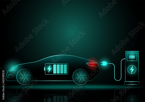 Modern Futuristic Electric Car or EV car Charging at a Charging Station. Neon Glowing Electric Car on Dark Background. Futuristic Electric Vehicle Concept. 