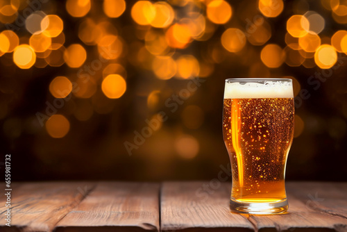One glass of beer on a wooden table. Blurred bokeh background. Beer festival, weekend travel, advertisement concept. AI generative.
