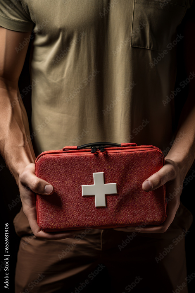 Man holding red first aid kit in his hands. - obrazy, fototapety, plakaty 