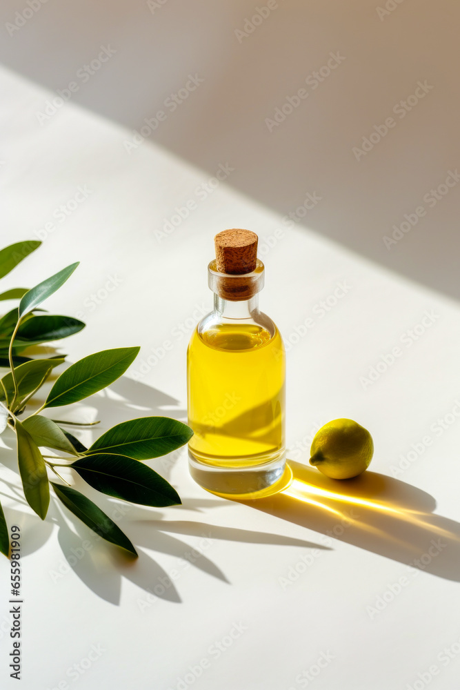Bottle of olive oil next to leafy branch. Bottle of olive oil next to leafy branch.