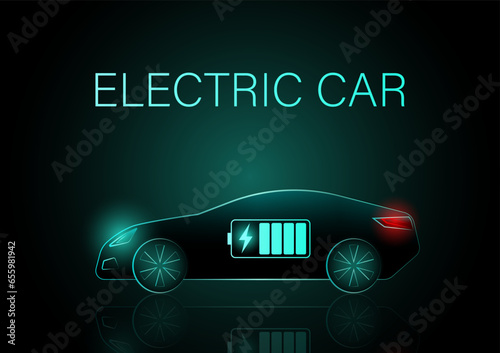 Modern Futuristic Electric car or EV car. Neon Glowing Electric car on Dark Background. Futuristic Electric Vehicle Concept. 
