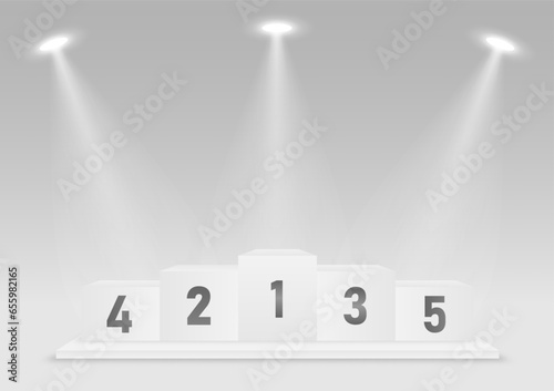 Sport Winners Podium for Five Places Illuminated with Spotlights. Pedestal Sport Podiums. Podium Winner Stand. Vector Illustration.