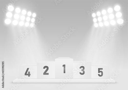 Sport Winners Podium for Five Places Illuminated with Spotlights. Pedestal Sport Podiums. Podium Winner Stand. Vector Illustration.