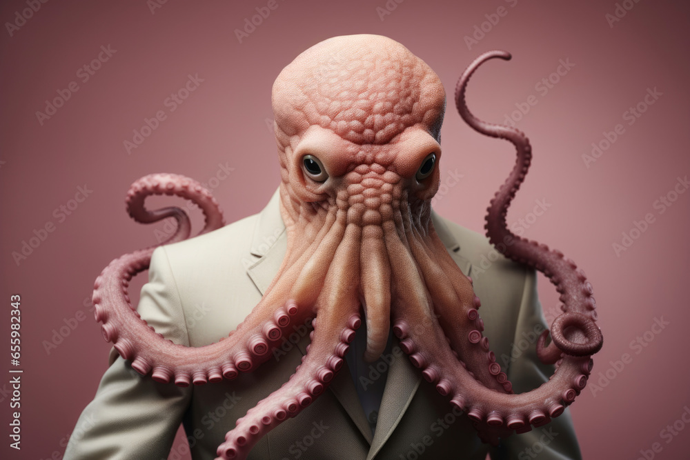 Humanised animals concept. funny character personage. humanized octopus in suit and tie on pink background. businessman style.