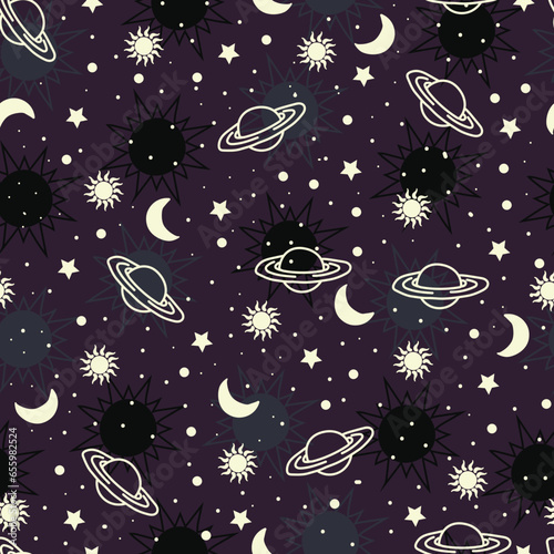 Astral seamless surface pattern. Arrangement of astronomical objects. Planets, stars, moon in space. Allover print celestial textured background