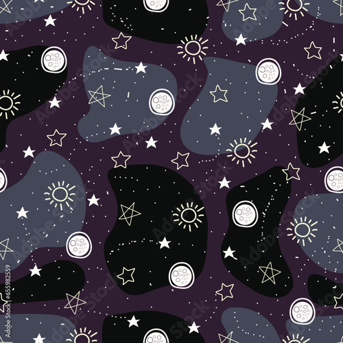 Astral seamless surface pattern.  Magical astronomical objects. Planets, stars, asteroids, moon in space. Allover print celestial textured background