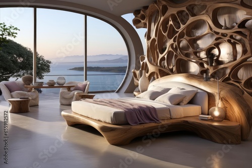 modern luxury bedroom with light natural materials with modern art on the walls © Fred