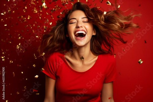 young happy beautiful confident woman dancing smiling to camera with golden confetti on red background. studio shot