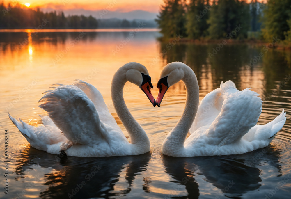 Romantic image couple swans on the lake at sunset. Generative AI Romantic image couple swans on the lake at sunset. Generative AI