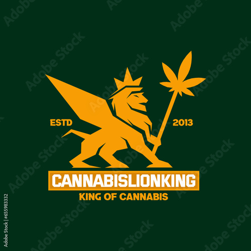 elegant royal luxury of winged lion and wearing a crown with a cannabis marijuana ganja stick in his hand suitable for natural organic cannabis farm cultivation logo design