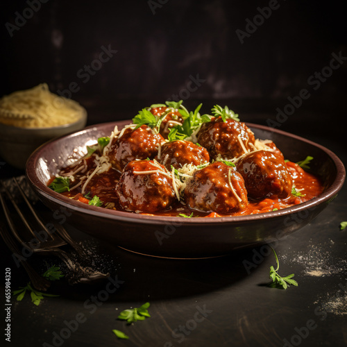 meatball, photography, round, juicy, savory, on a ceramic plate, homely, side lighting, rich browns Generative AI