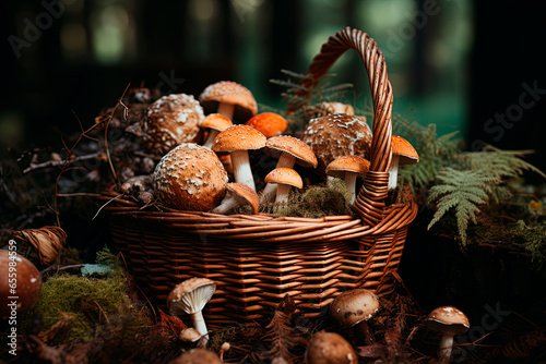 A wicker basket filled with mushrooms and pine cones. Generative AI