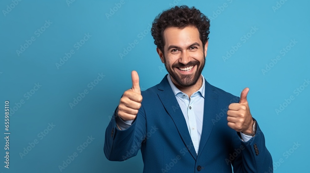Confident businessman in decent suit giving thumbs up and smiling isolated on blue background with copy space. Confident businessman in decent suit giving thumbs up and smiling isolated on blue background with copy space.