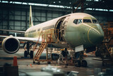 Aircraft in the airplane factory. Aircraft construction, manufacturing.