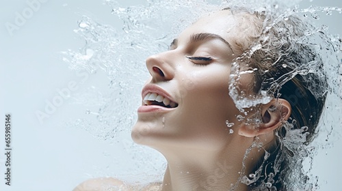 Beautiful model woman with splashes of water in her hands, 