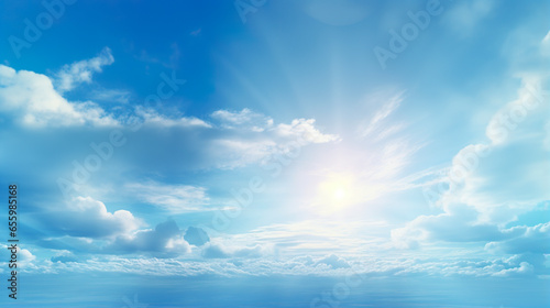 Sun with blue tint in celestial color palette. Under a serene sky, the blue sun radiates a soft light, tinting the sky with clear, comforting shades of blue.