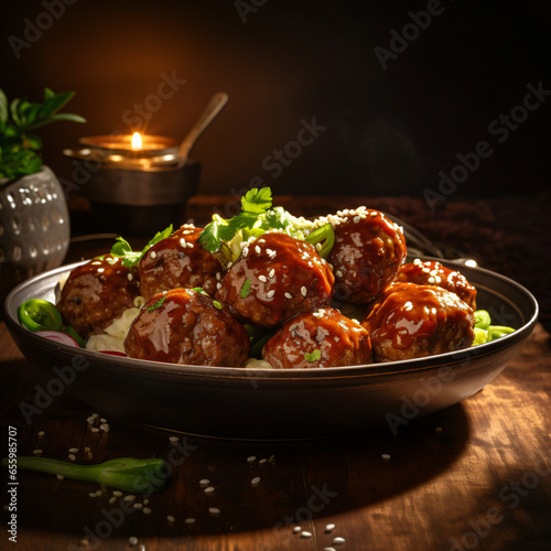 meatball, photography, round, juicy, savory, on a ceramic plate, homely, side lighting, rich browns Generative AI