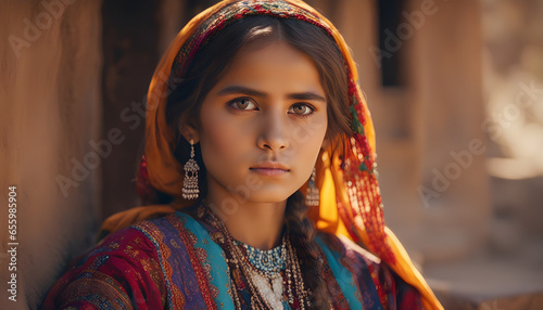 Afghan girl wear traditional dress in history background ai generated photo