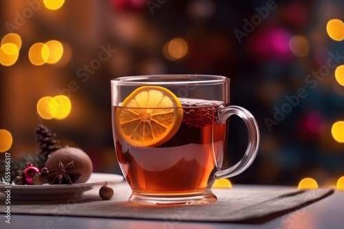 Mulled tea with lemon and spices on a wooden table against the background of a Christmas tree